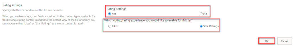sharepoint online list in rating column